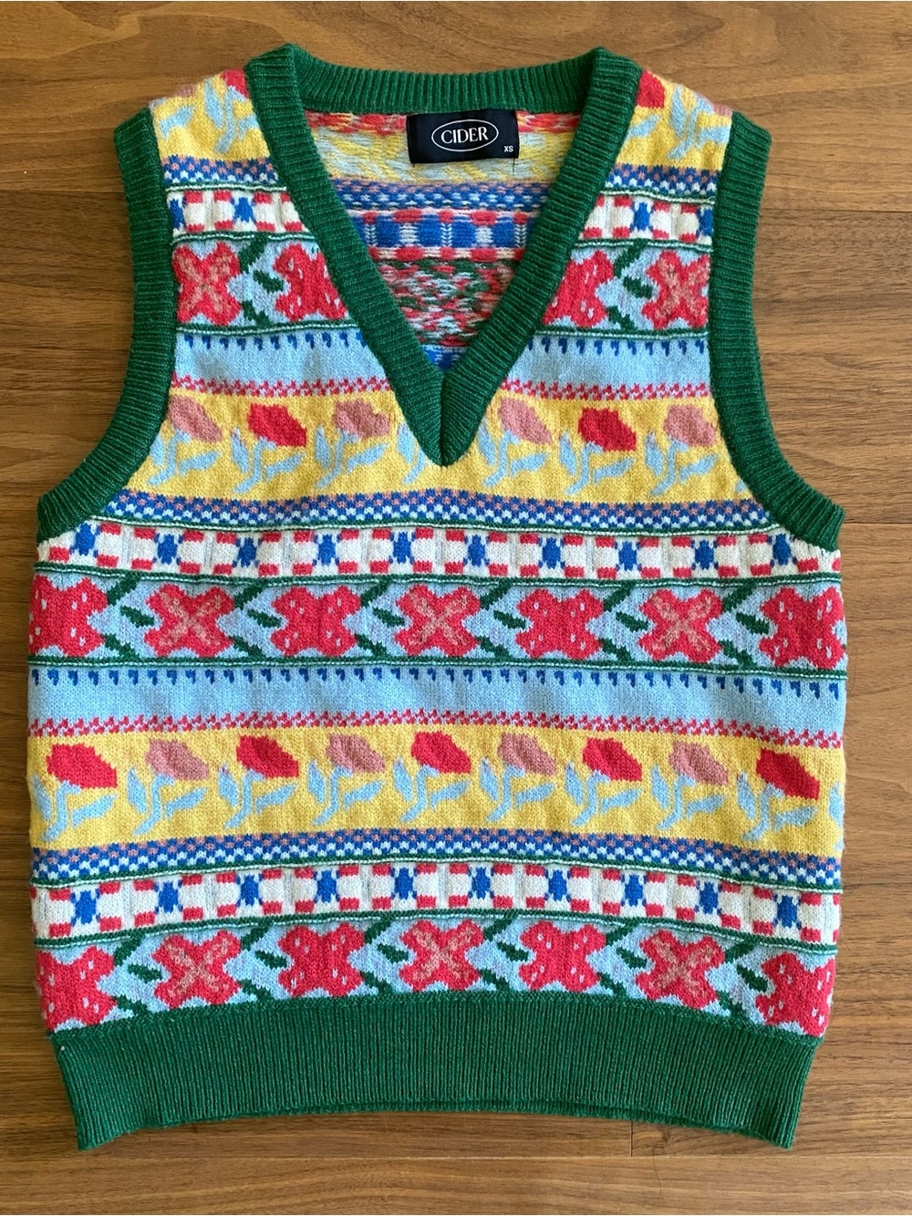 Cider Green-Trim Multicolor Floral Fair Isle Knit Vest